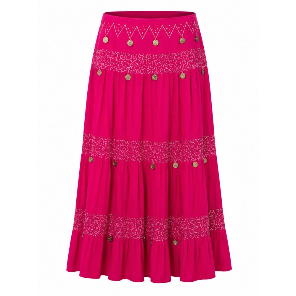 SOHO Compagnie Pink Tiered Boho Coin Accent Midi Skirt Women's Size 14